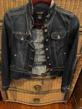 White House Black Market Dark Indigo Denim Jacket with Ruffle Neck